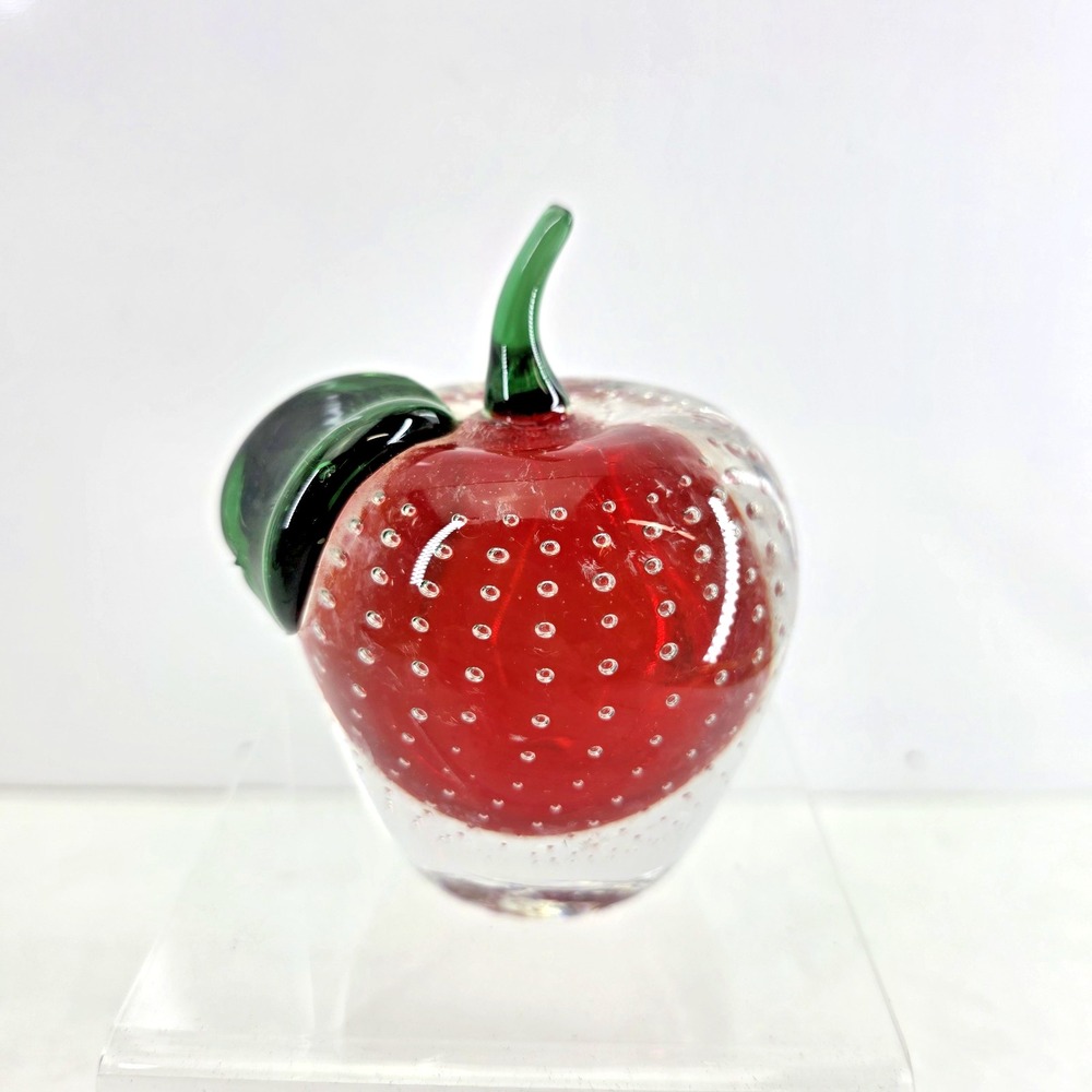 VTG Murano Style Glass Apple Paperweight  Bullicante Bubble Red & Green